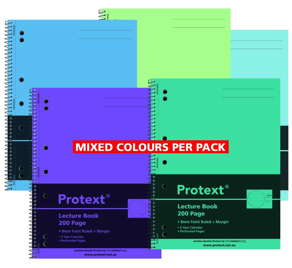 Group of Protext 200 page lecture books with covers in purple, light blue, green, aqua and teal under a Mixed Colours Per Pack banner