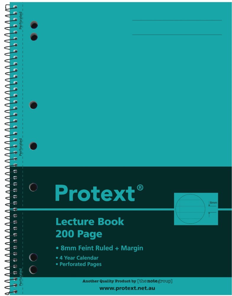 Teal Protext lecture book cover printed 200 Page, 8mm Feint Ruled + Margin, 4 Year Calendar, Perforated Pages, with side spiral and punched holes