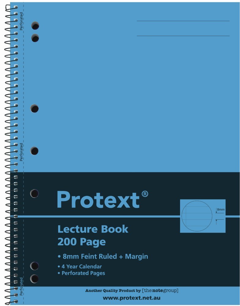 Blue Protext 200 page lecture book cover with an 8mm ruling sample, wire spiral on the left and a perforation line beside it