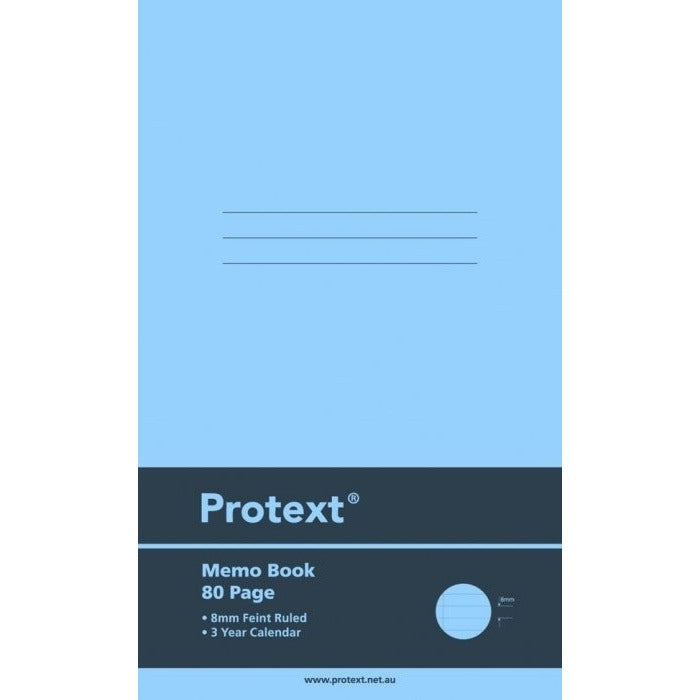 Light blue Protext memo book cover with a navy band listing Memo Book, 80 Page, 8mm Feint Ruled and 3 Year Calendar