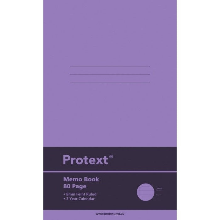 Purple Protext memo book cover with a dark purple band printed Memo Book 80 Page, 8mm feint ruling and 3 year calendar details