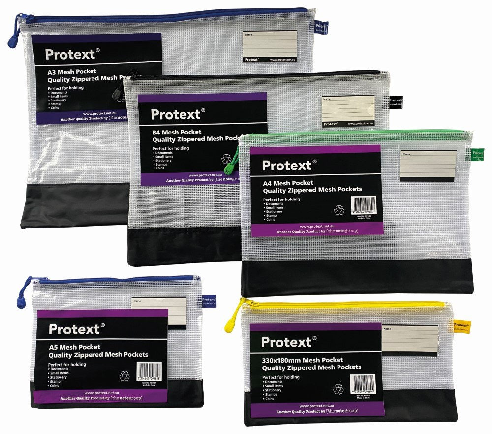 Five Protext mesh pockets in A3, B4, A4, A5 and 330 x 180mm sizes with blue, black, green and yellow zips