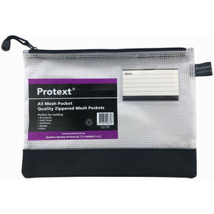 Protext A5 mesh pouch with a black zip, clear mesh, black lower panel and a name card in the front window beside the insert label