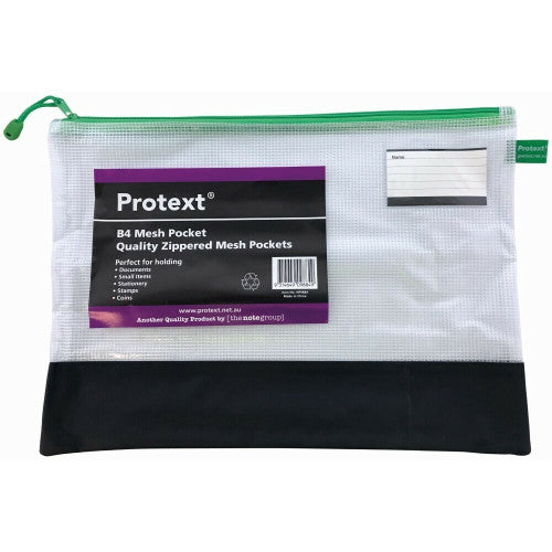 Protext B4 mesh pocket with a green zip and green side tab, clear mesh front with insert label, name card window and a black base