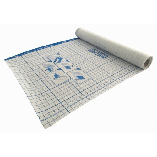 Protext clear self adhesive book cover partly unrolled, backing paper printed with a blue grid, numbered scale and small illustrated application steps