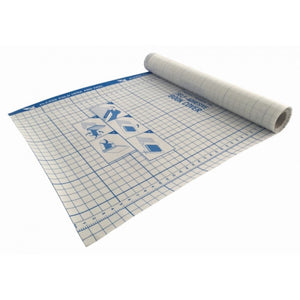 Roll of Protext Performance clear book cover opened out on its blue grid backing paper, with numbered edge scales and illustrated covering steps