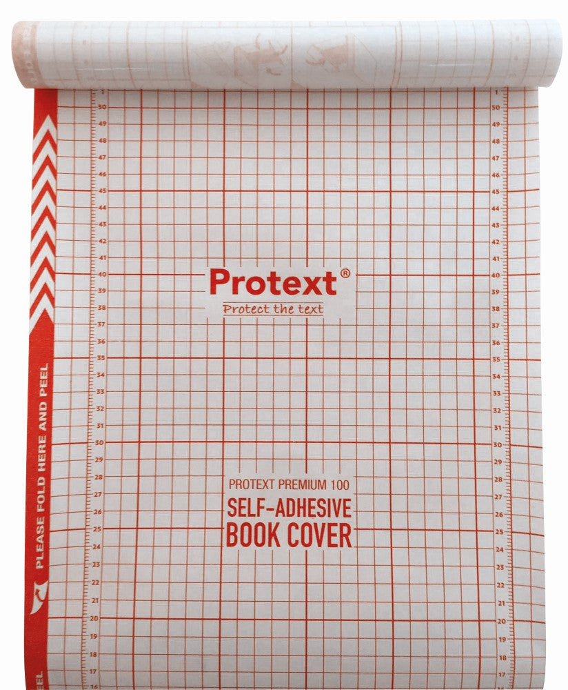 Flat Protext Premium 100 book cover backing with red grid lines, numbered scales down both sides, the Protext logo and a chevron fold and peel strip
