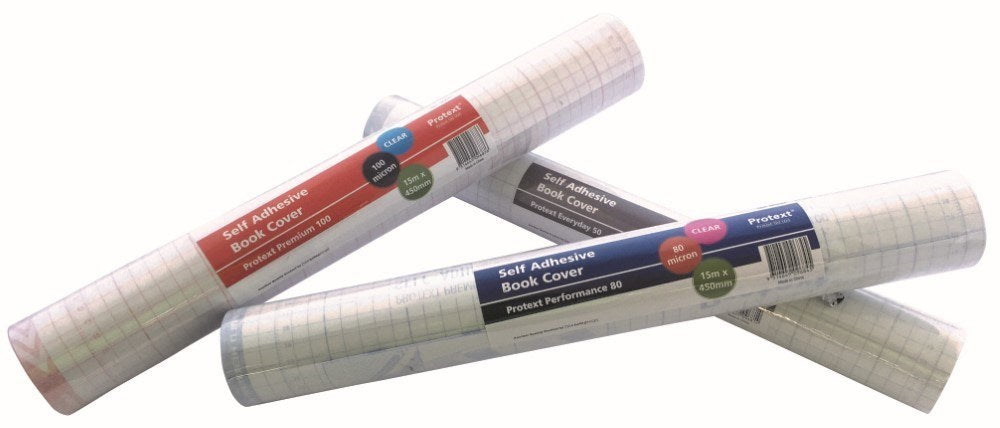 Three Protext self adhesive book cover rolls crossed together in red, blue and grey sleeves, the red one marked Protext Premium 100