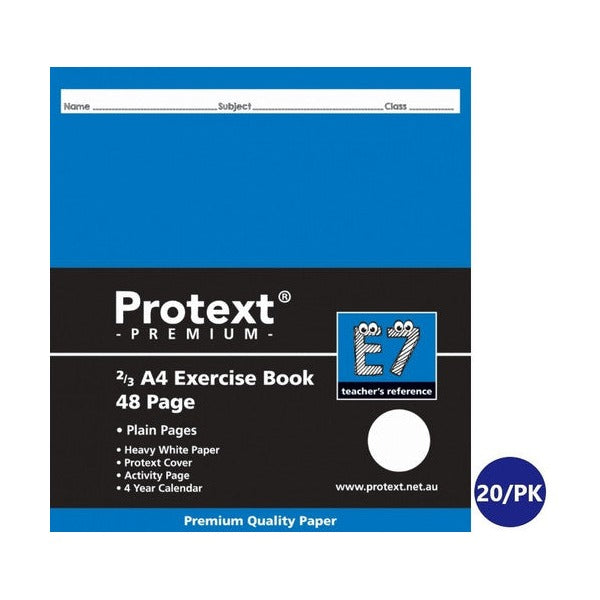 Blue cover of the Protext Premium 2/3 A4 exercise book E7, printed 48 Page and Plain Pages, with name, subject and class lines and a store 20/PK badge