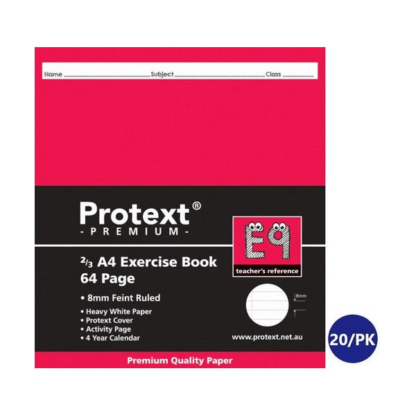 Protext Premium 2/3 A4 exercise book E9 with a red cover printed 64 Page and 8mm Feint Ruled, an E9 teacher's reference badge and a store 20/PK badge