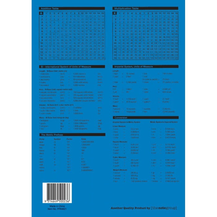Dark blue back cover of the Protext Premium E4 book printed with maths tables, SI and imperial measurement charts, a barcode and Item No. PP64621