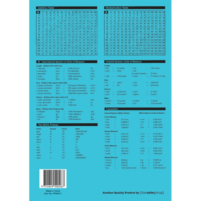 Light blue back cover of the Protext Premium E1 book with addition and multiplication tables, SI and imperial units, barcode and Item No. PP64611