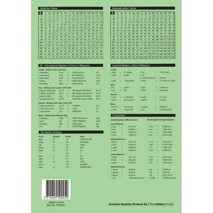 Green back cover of the Protext Premium E2 book with addition and multiplication tables, unit conversions, barcode and Item No. PP64641