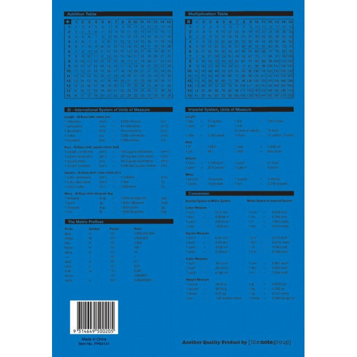 Blue back cover of the Protext Premium plain book with addition and multiplication tables, unit charts, barcode and Item No. PP64141