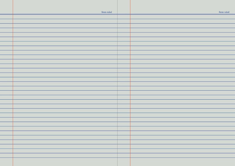 Protext Premium E3 exercise book open flat, two pages of blue 8mm ruled lines with a red margin and no punched holes