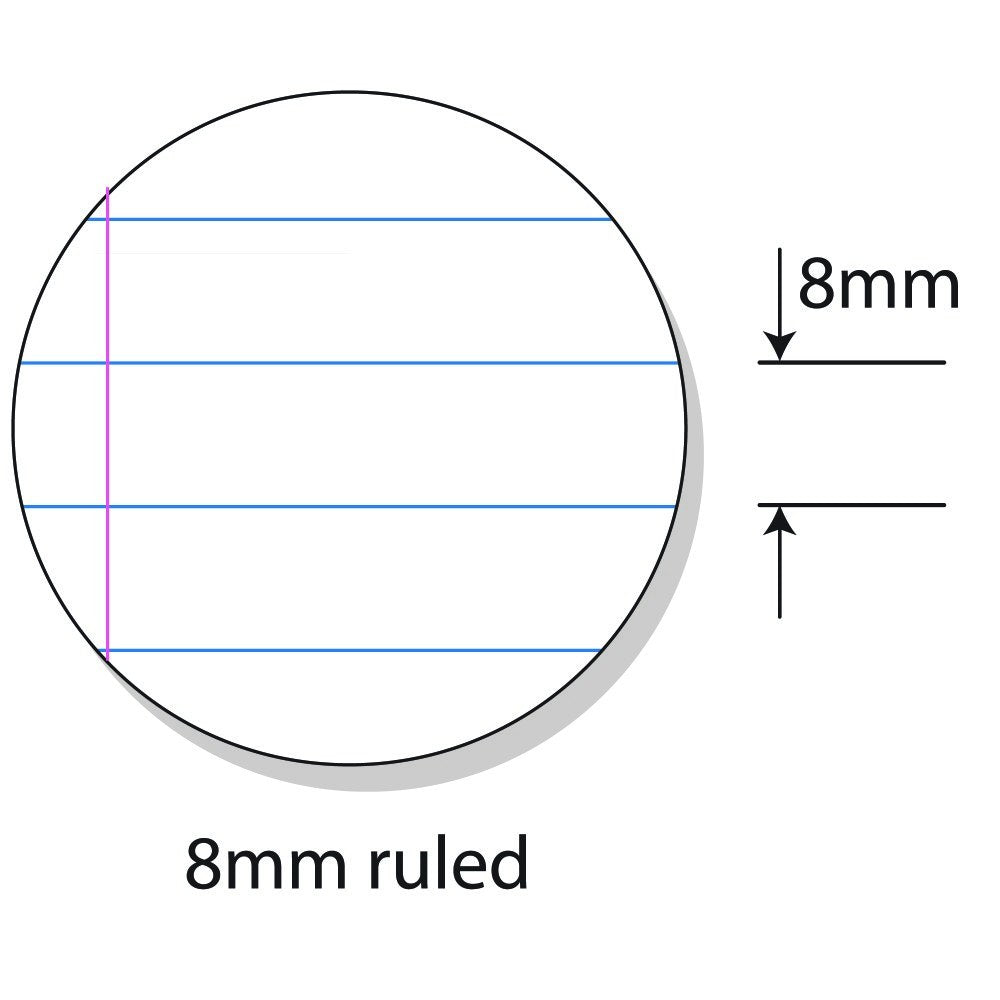 Close diagram of 8mm ruled lines and a pink margin line with arrows marking the 8mm spacing, labelled 8mm ruled