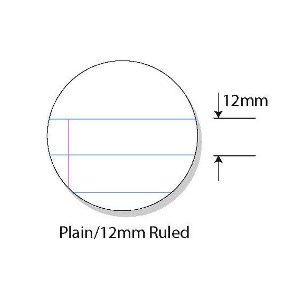 Round diagram of the story book ruling with a plain area above blue lines spaced 12mm apart and a margin line, labelled Plain/12mm Ruled