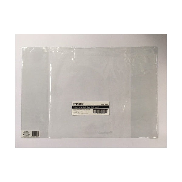 Protext clear scrap book jacket laid flat with a folded flap at each end and a white label reading Protext Scrap Book Clear Book Jacket, Pack of 10