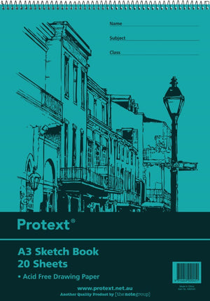 Teal cover of a Protext A3 sketch book, 20 sheets of acid free drawing paper, top spiral bound, with a terrace streetscape drawing and barcode