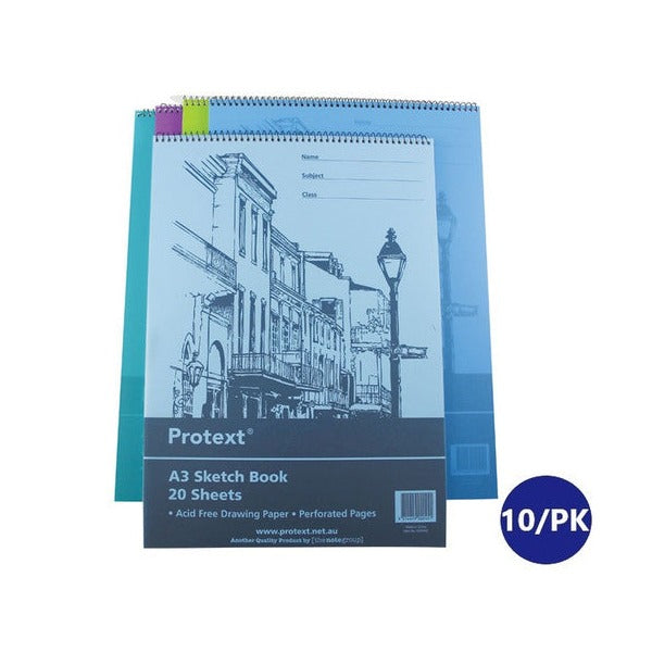 Earlier Protext A3 sketch book covers in blue shades printed Acid Free Drawing Paper and Perforated Pages, with a 10 per pack badge