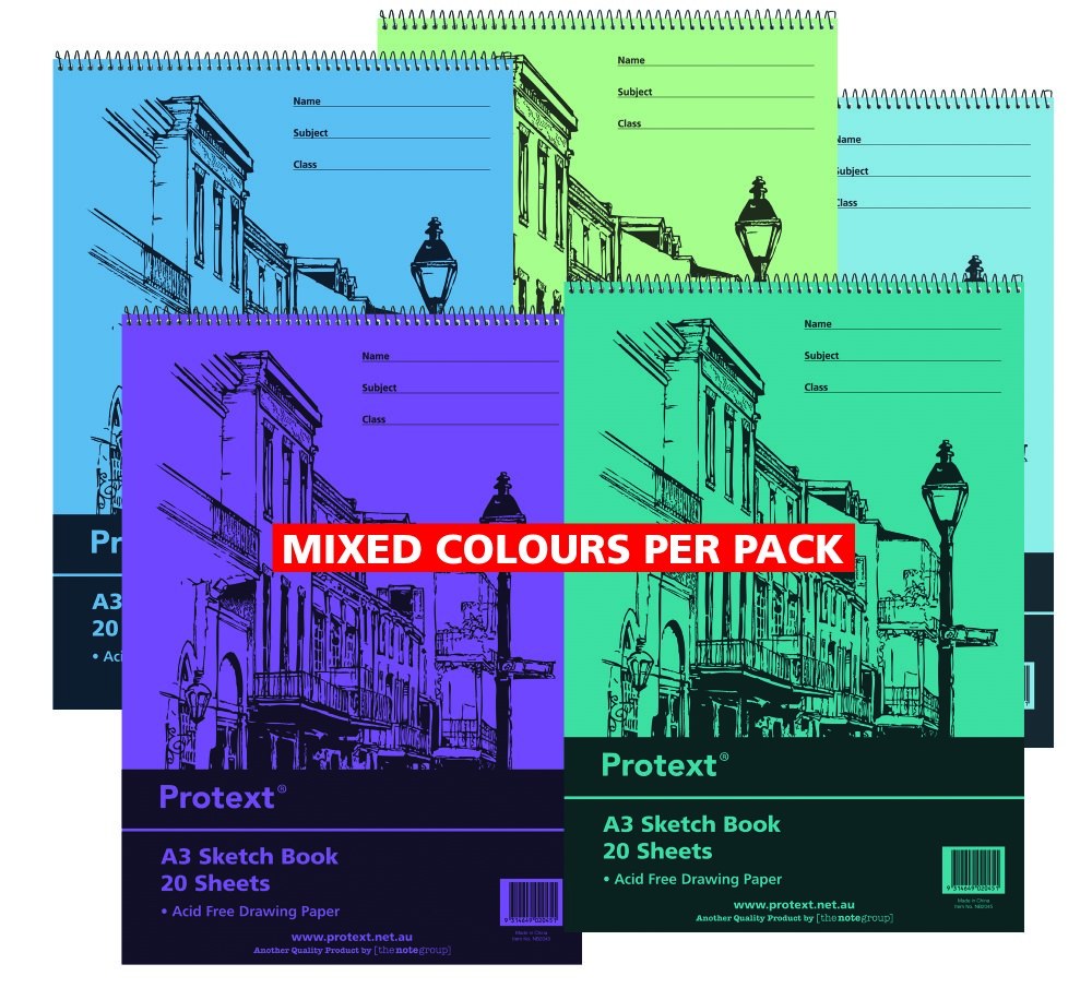 Five Protext A3 sketch books in blue, green, aqua, purple and teal covers under a Mixed Colours Per Pack banner