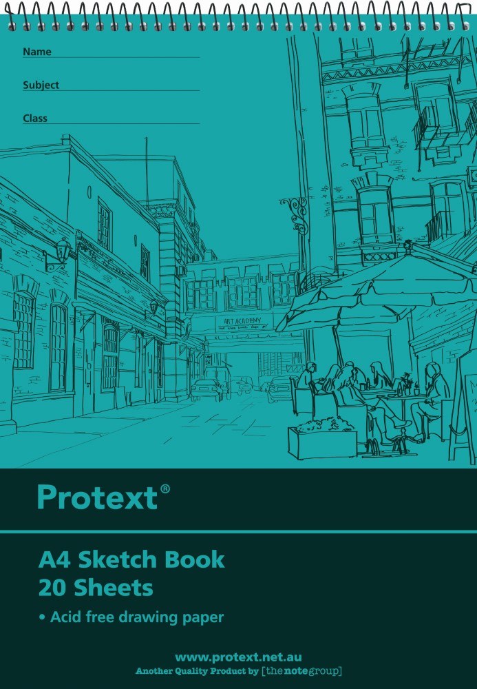 Teal cover of a Protext A4 sketch book, 20 sheets of acid free drawing paper, top spiral bound, with a street scene drawing and name lines