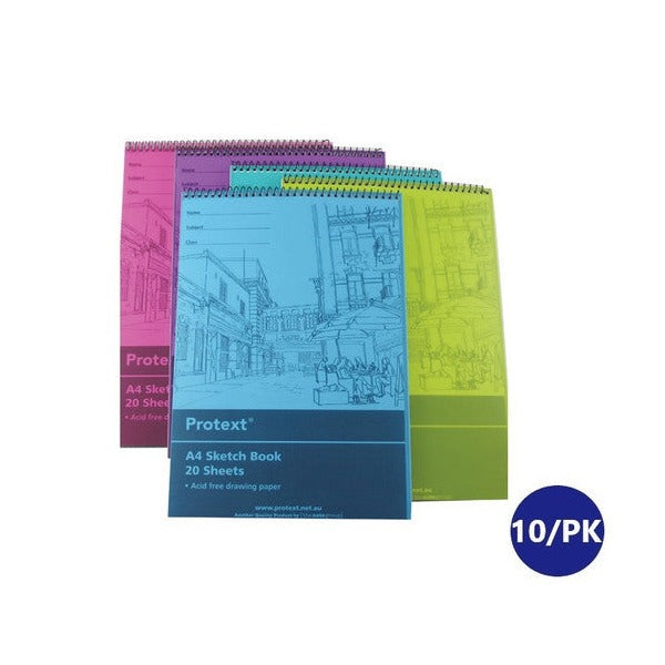 Protext A4 sketch books in an earlier colour set of pink, purple, teal, blue and lime, fanned out with a 10 per pack badge