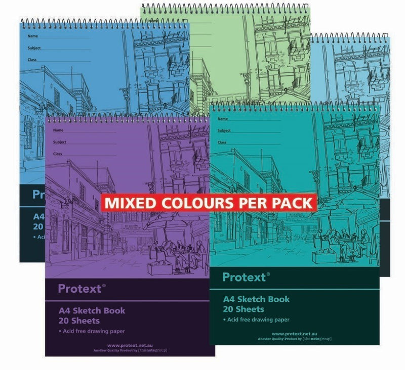 Five Protext A4 sketch books in blue, green, aqua, purple and teal covers overlapping, with a Mixed Colours Per Pack banner
