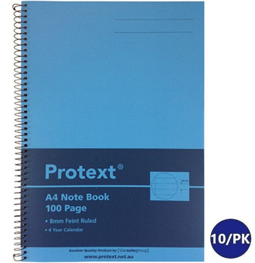Photo of a blue Protext A4 note book, 100 page, 8mm feint ruled, with the wire spiral down the left side and a 10 per pack badge