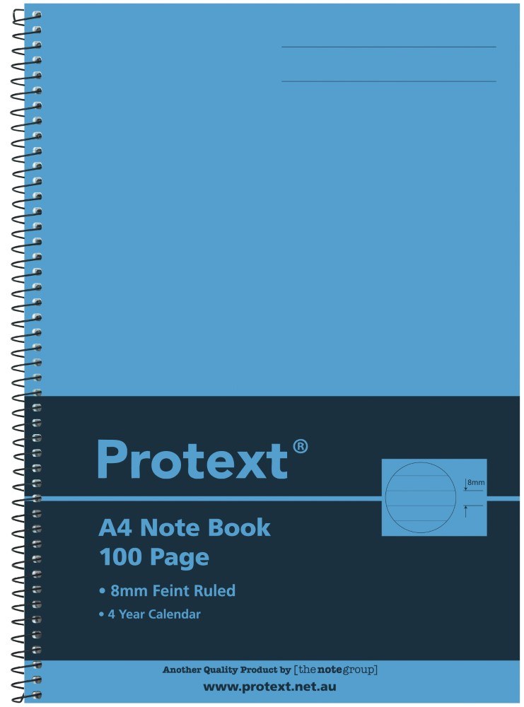 Front cover artwork of the blue Protext A4 note book showing 100 Page, 8mm Feint Ruled, 4 Year Calendar and an 8mm ruling icon