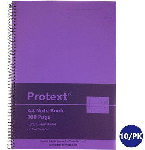 Photo of a purple Protext A4 note book with the wire spiral on the left, marked 100 Page, 8mm Feint Ruled, 4 Year Calendar, with a 10 per pack badge