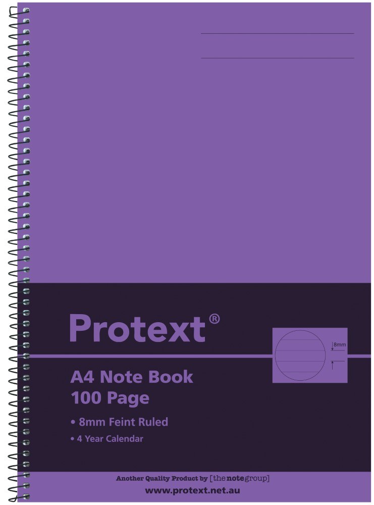 Purple Protext A4 note book front cover artwork with naming lines at the top right and an 8mm ruling icon