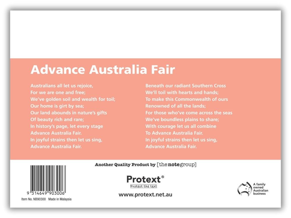 Back cover of the Protext salmon student notebook with Advance Australia Fair text, Protext logo, barcode, item NB90300 and made in Malaysia