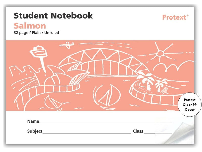 Protext Student Notebook front cover in salmon with white Sydney Harbour line drawing, clear PP cover badge and name, subject and class lines