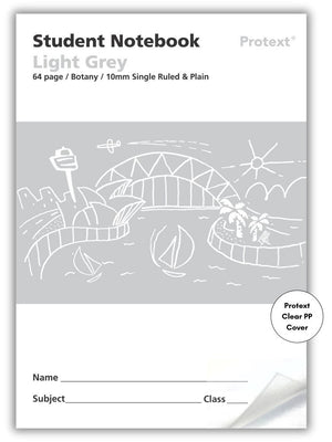 Light grey Protext student notebook front printed 64 page Botany 10mm single ruled and plain, with a harbour sketch and Clear PP Cover badge