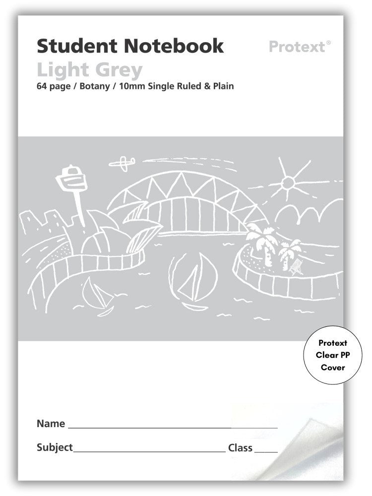 Light grey Protext student notebook front printed 64 page Botany 10mm single ruled and plain, with a harbour sketch and Clear PP Cover badge