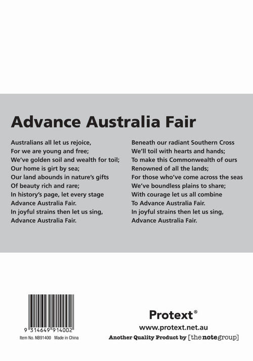Light grey back cover of the Protext botany notebook printed with Advance Australia Fair, barcode and item number NB91400
