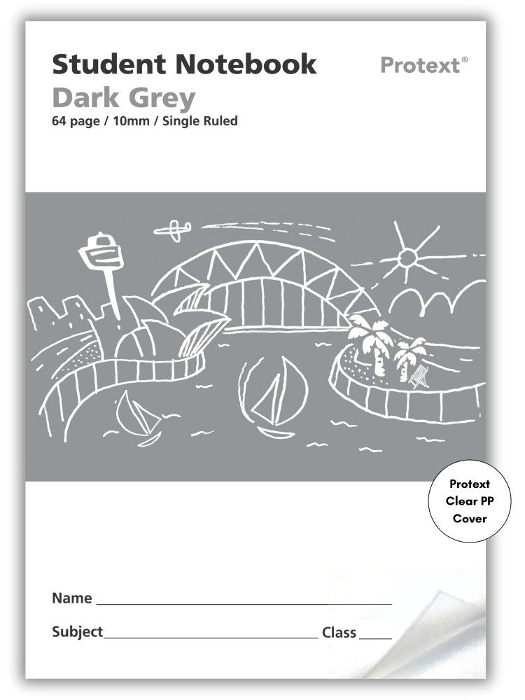 Dark grey Protext student notebook front printed 64 page 10mm single ruled, harbour line drawing and Clear PP Cover badge