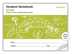 Khaki Protext student notebook front printed 32 page 12mm Double Ruled with Guide, with harbour drawing and Clear PP Cover badge