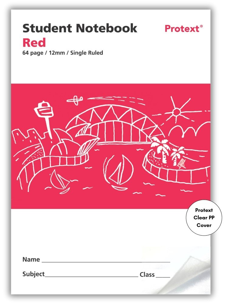 Red Protext student notebook cover printed 64 page 12mm single ruled, with a white harbour line drawing and a Clear PP Cover badge