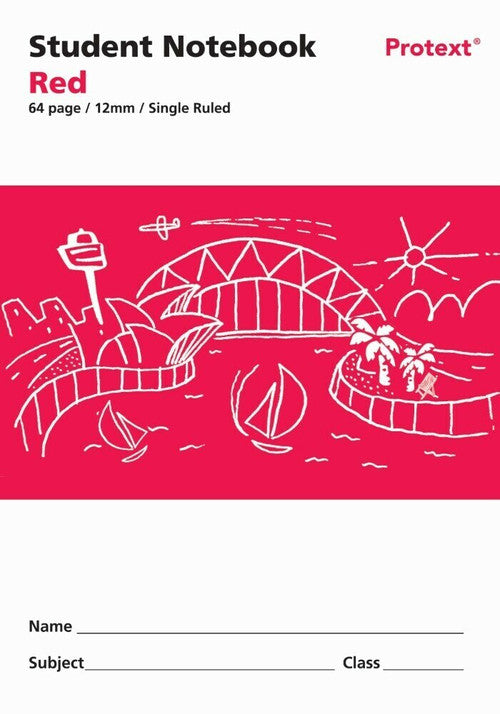 Older red Protext 64 page 12mm single ruled notebook cover artwork with name and subject lines