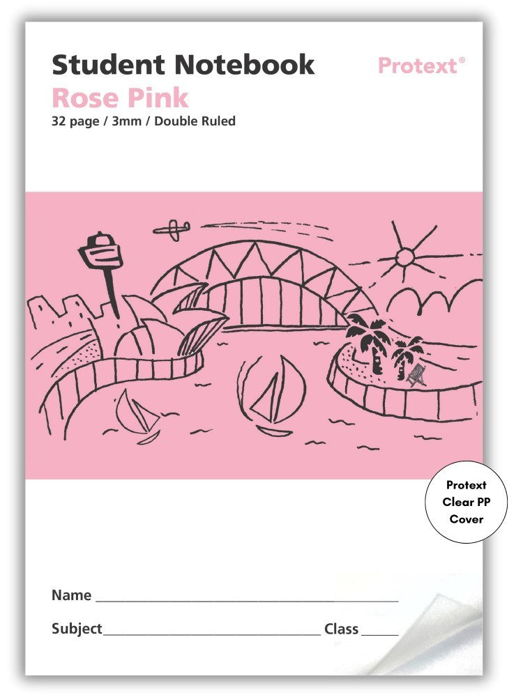 Front cover of a Protext rose pink student notebook printed 32 page 3mm double ruled, with a Harbour Bridge drawing and a Clear PP Cover badge