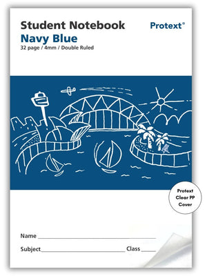 Protext student notebook front with a navy blue harbour illustration panel, printed 32 page 4mm double ruled, and a Clear PP Cover badge