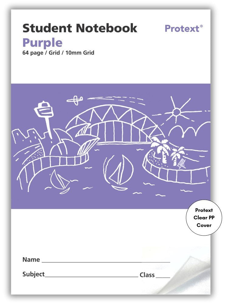 Current front cover of the purple Protext student notebook printed 64 page Grid 10mm Grid, with a harbour sketch and Clear PP Cover badge