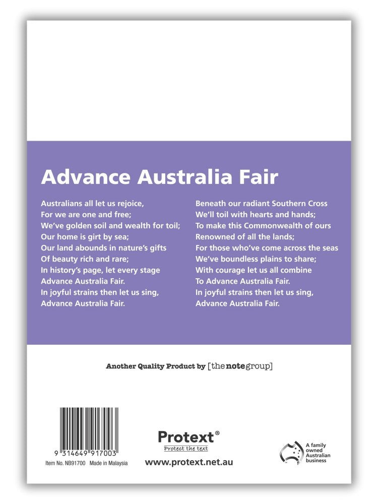 Current purple back cover of the Protext grid notebook with Advance Australia Fair, a barcode and the Protext logo