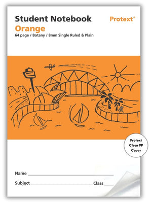 Current front of the orange Protext student notebook printed 64 page Botany 8mm Single Ruled and Plain, with a Clear PP Cover badge