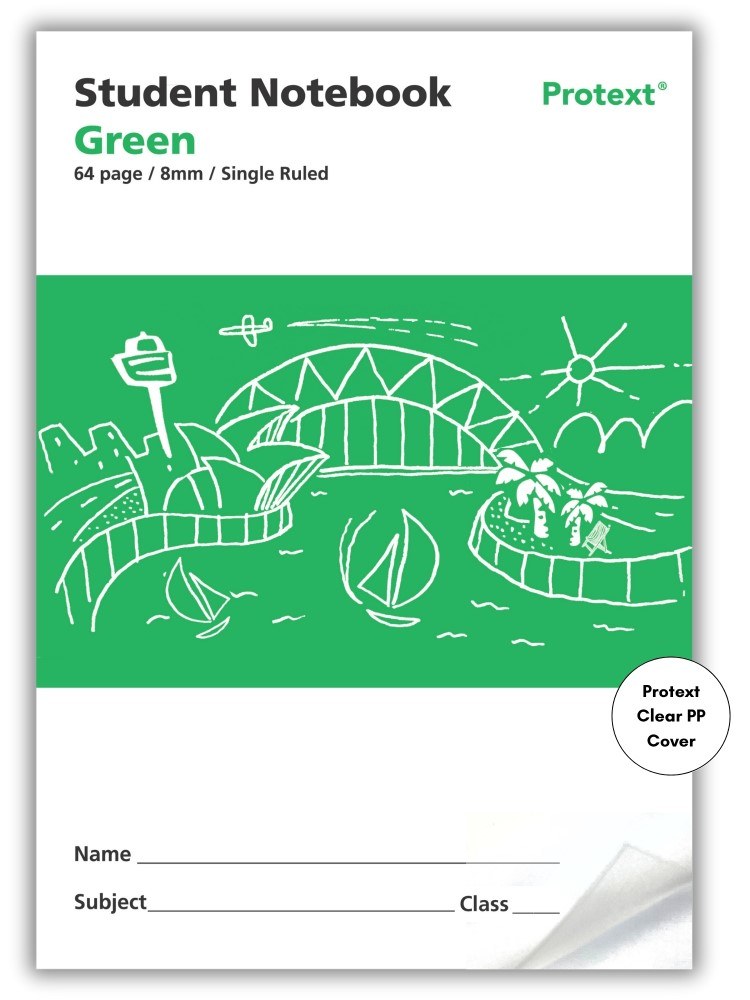 Current front cover of the Protext green student notebook, 64 page 8mm single ruled, with a harbour drawing and a round Clear PP Cover badge