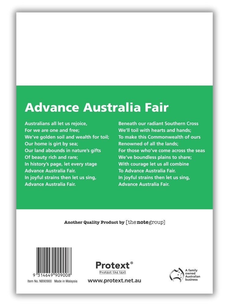 Current back cover of the green Protext notebook printed with Advance Australia Fair, a barcode and the Protext logo