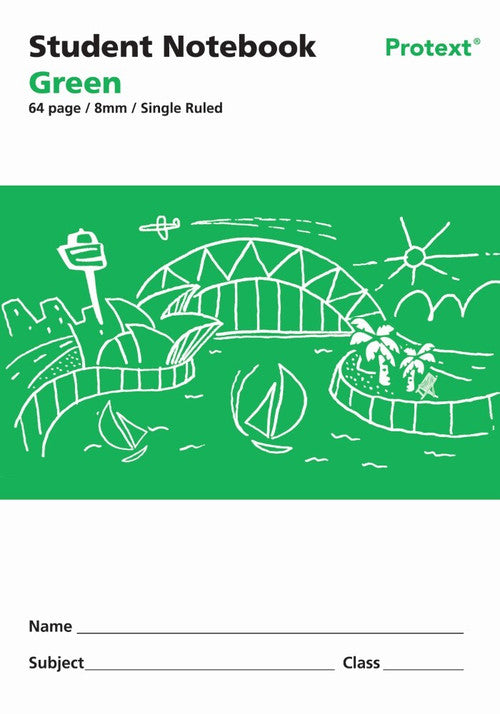 Earlier front cover artwork of the Protext green 8mm single ruled student notebook with name, subject and class lines