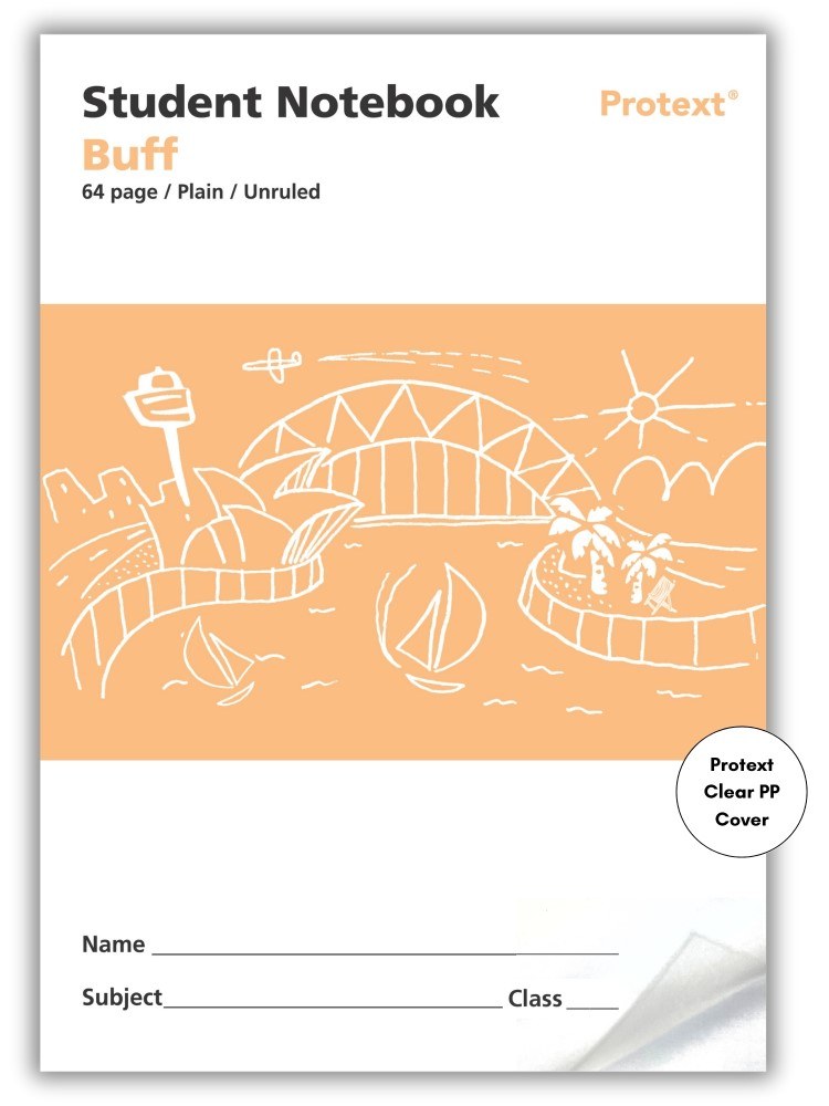 Current front of the buff Protext student notebook printed 64 page Plain Unruled, with a harbour sketch and Clear PP Cover badge